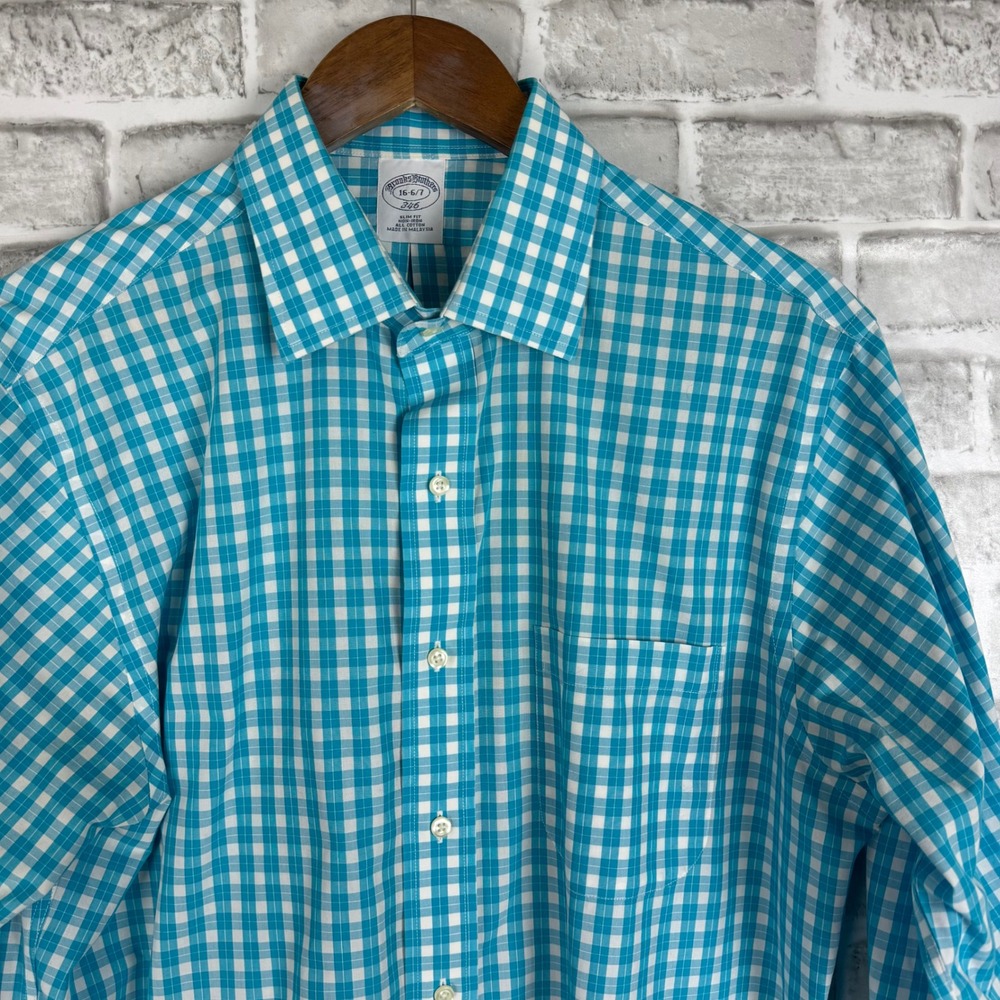 Brooks Brothers 346 Mens Slim Fit Non-Iron Gingham Dress Shirt Teal White 16 6/7